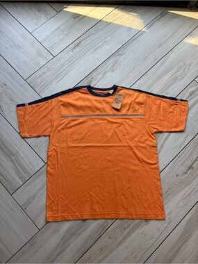 Point Zero Vintage Men's Orange Crew Neck Shirt with Navy Trim